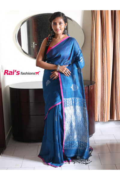 Organic Linen Saree With Silver Zari Weaving Benarasi Work Butta And Pallu (KR136)